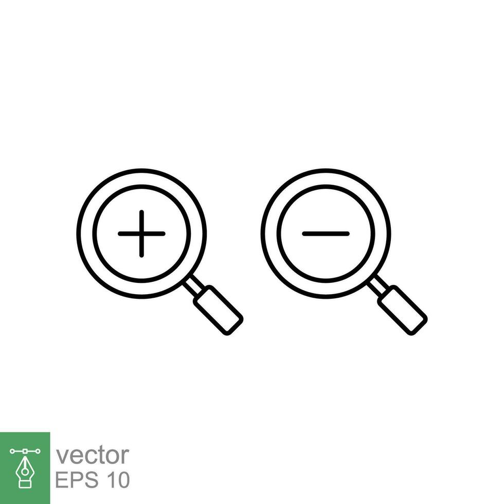 Zoom in and zoom out icons. Simple outline style. Magnifying glass, find, plus, minus, enlarge, reduce, search concept. Thin line symbol. Vector illustration isolated on white background. EPS 10.