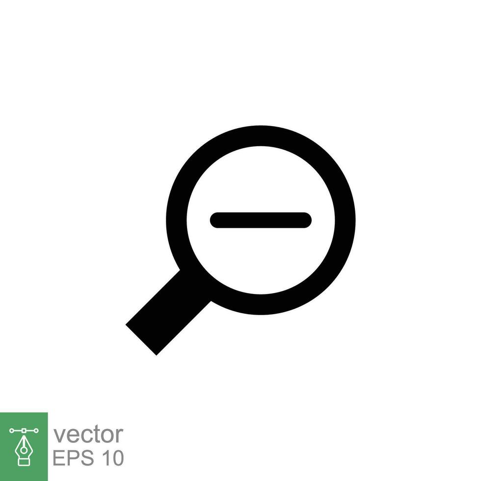 Zoom out icon. Simple flat, solid style. Magnifying glass, find, minus, search concept. Black silhouette, glyph symbol. Vector illustration isolated on white background. EPS 10.