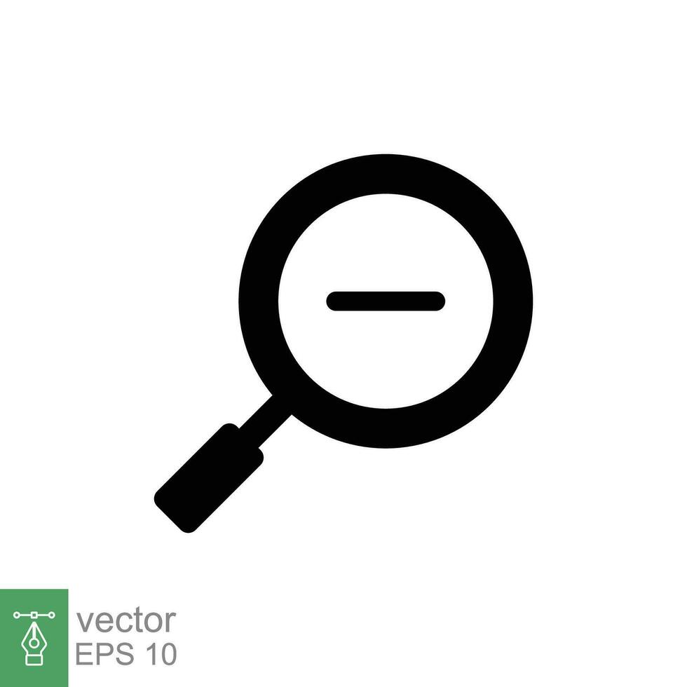 Zoom out icon. Simple flat, solid style. Magnifying glass, find, minus, search concept. Black silhouette, glyph symbol. Vector illustration isolated on white background. EPS 10.
