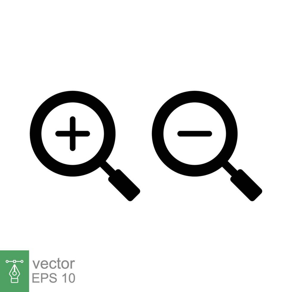 Zoom in and zoom out icons. Simple flat, solid style. Magnifying glass, find, plus, minus, search concept. Black silhouette, glyph symbol. Vector illustration isolated on white background. EPS 10.