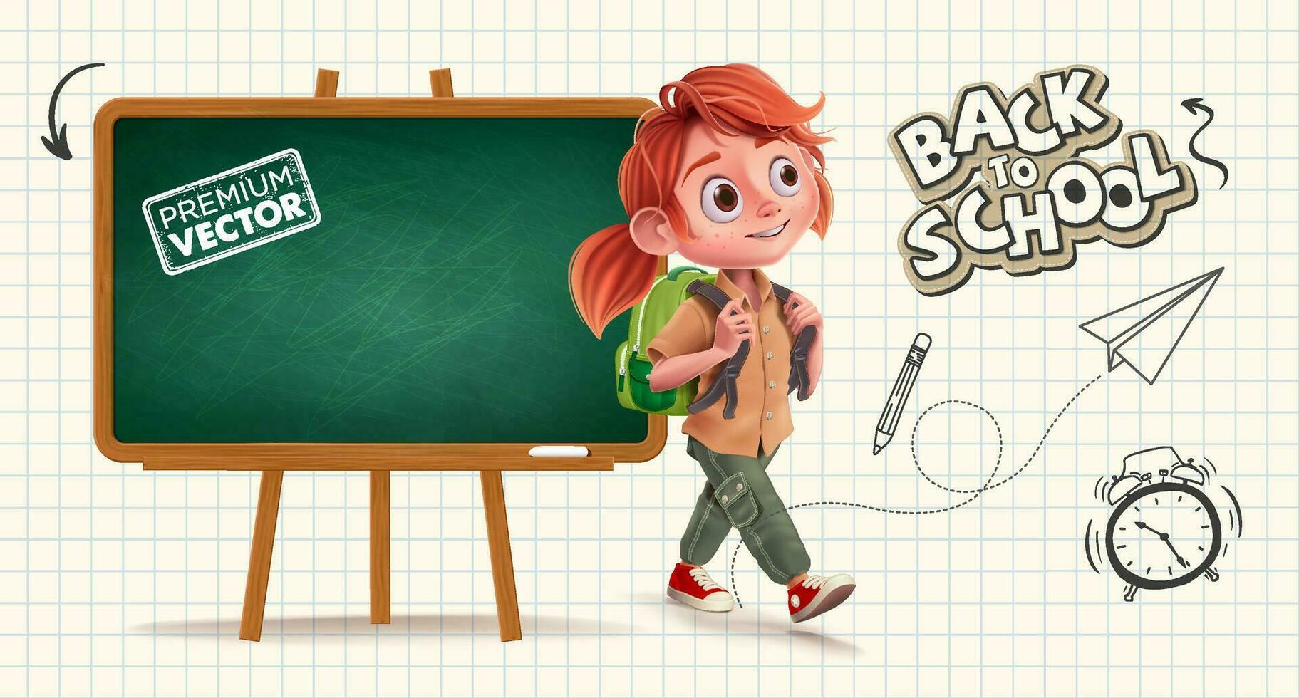 Welcome Back to School Kids going, writing board, happy schoolgirl, backpack, walk, alarm clock, sketch, pen, alarm clock, blackboard vector