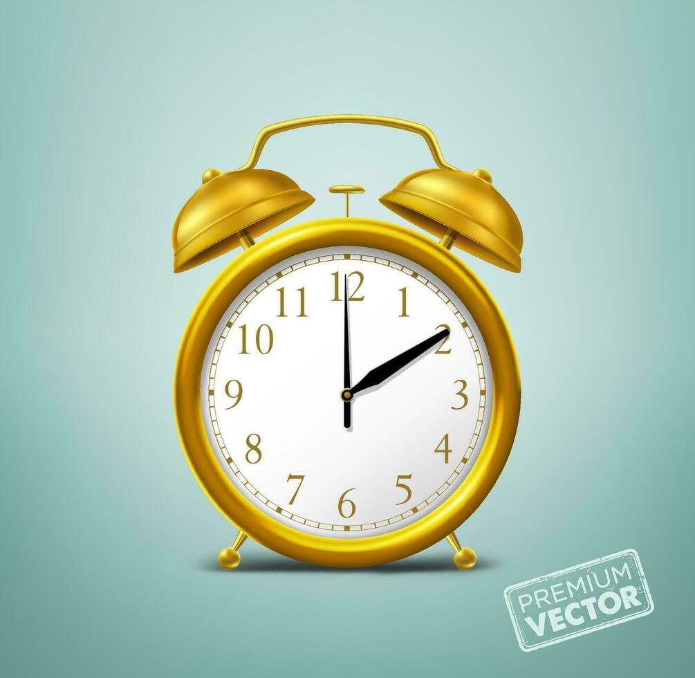 gold color alarm clock, gold color ring on yellow dial, vector drawing