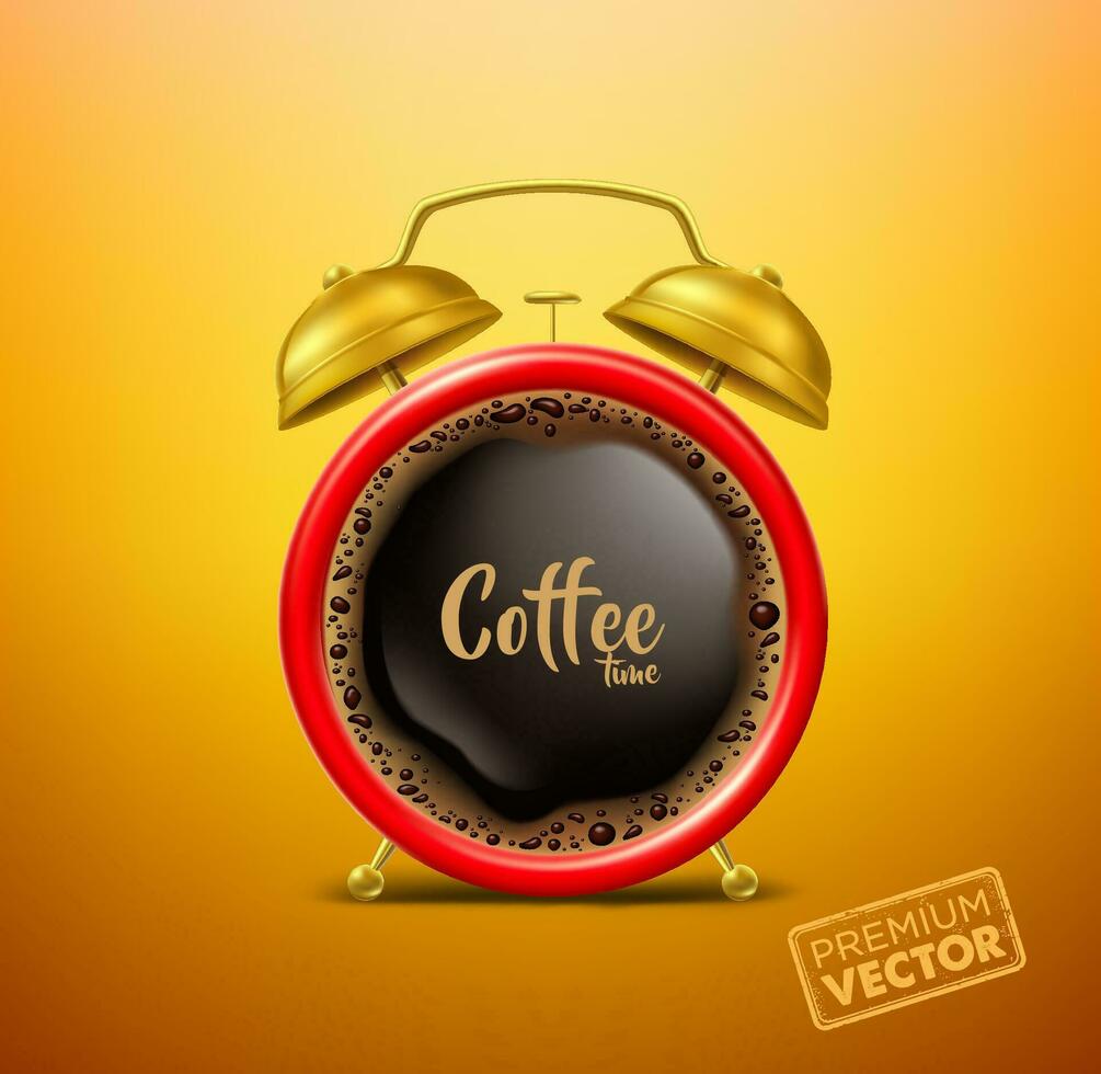 vector dibujo de espumoso café, rojo alarma reloj, café hora