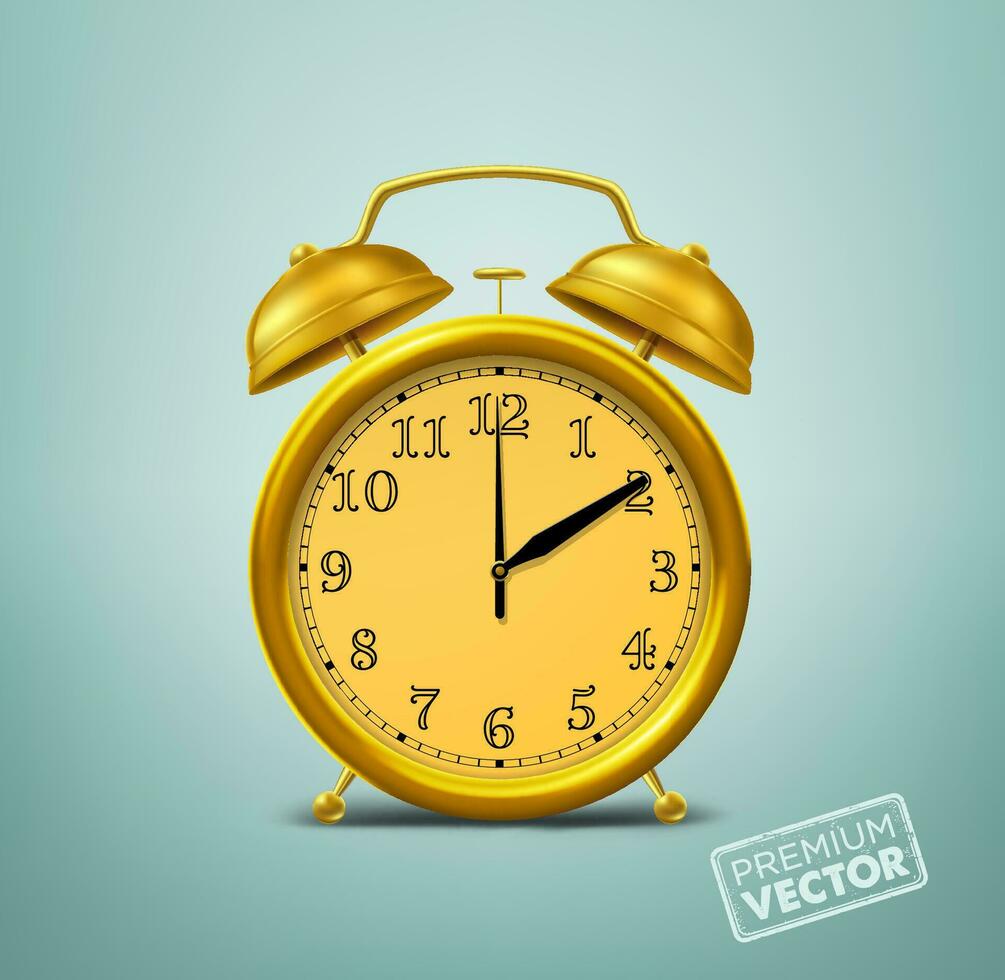 gold color alarm clock, gold color ring on yellow dial, vector drawing