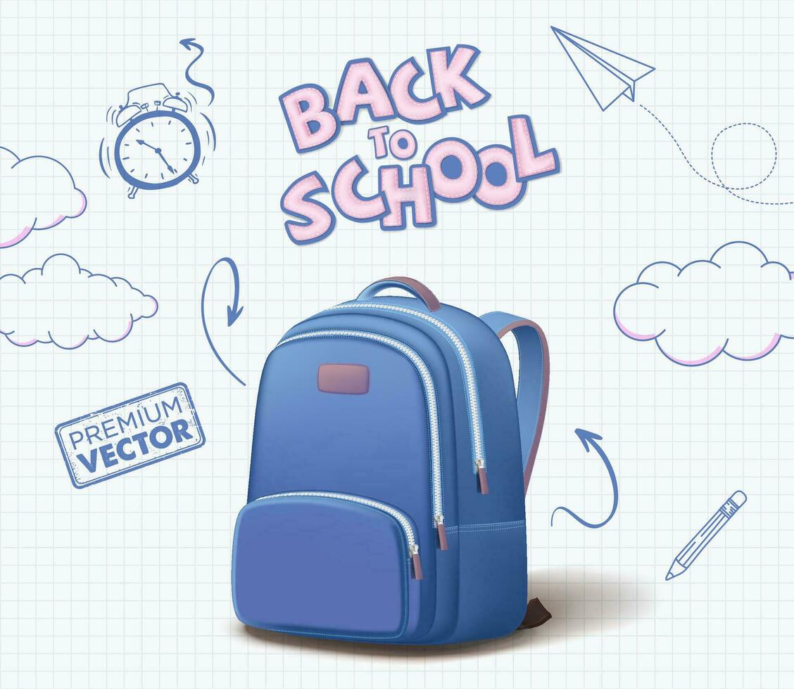 Welcome Back to School Backpack front back all angles Ruler Magnifier Orange Watercolor Blue vector