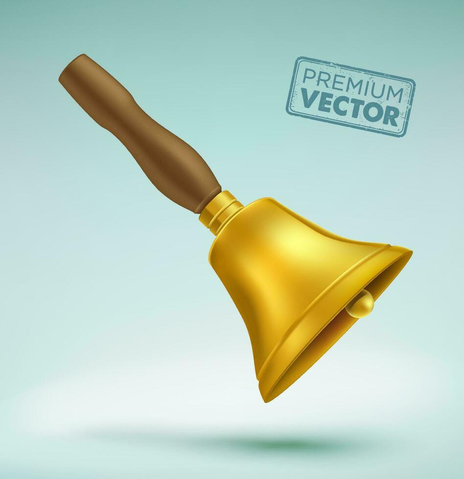 Brass color gold wooden handle school bell, realistic vector illustration