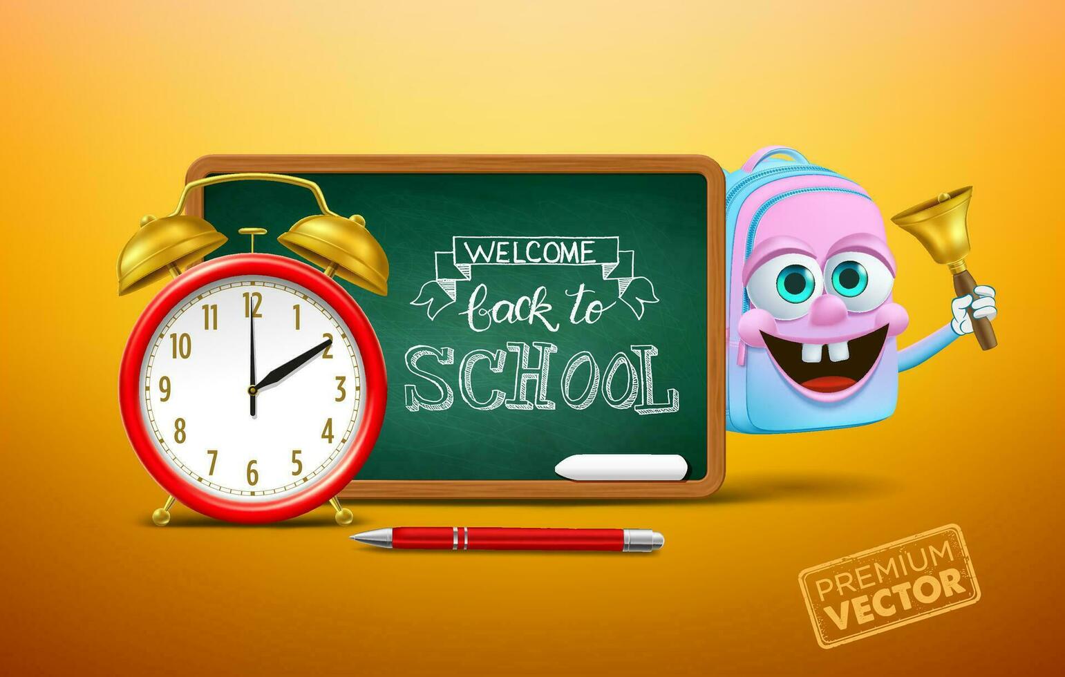 Alarm clock, School blackboard, mascot cute school bag holding school bell, back to school pencil vector