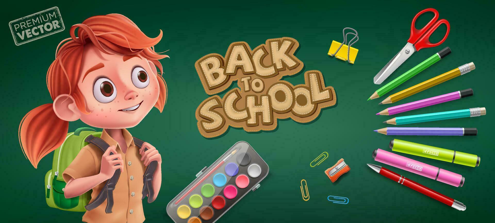 Bienvenido espalda a colegio niños Chica de escuela con mochila y bloc, bolígrafo, colores, gobernante, tijeras, lupa, borrador, papel acortar, lápiz sacapuntas, acuarela, cepillo suministros vector