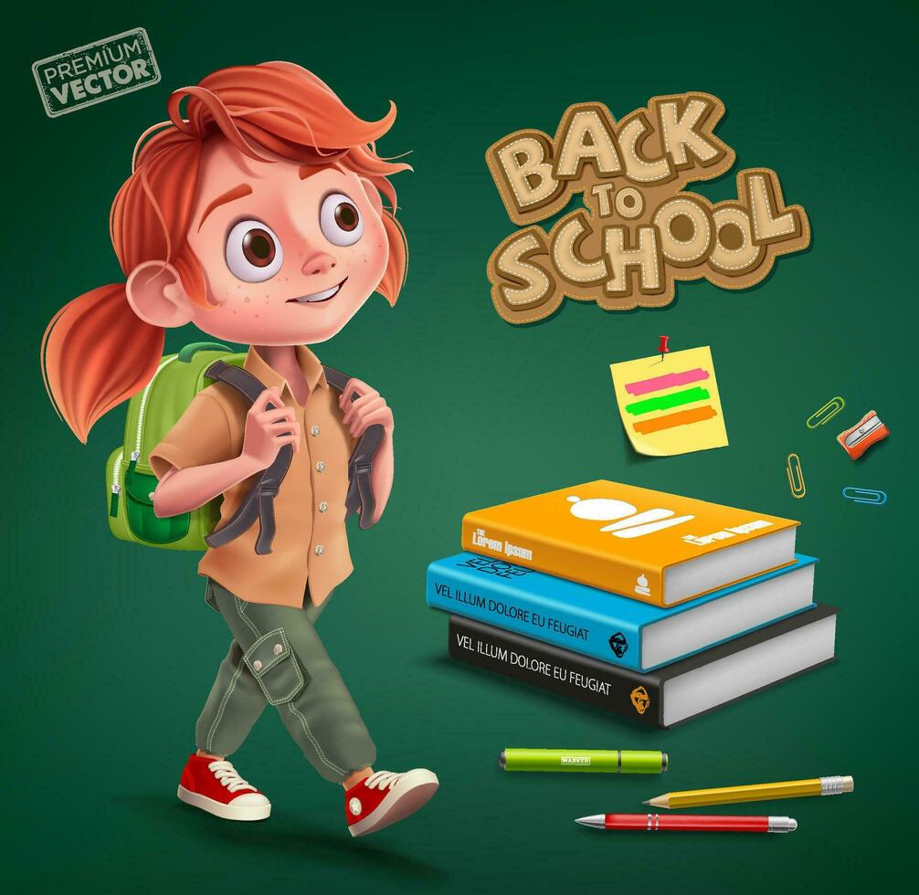 Bienvenido espalda a colegio niños Chica de escuela con mochila y bloc, bolígrafo, colores, gobernante, tijeras, lupa, borrador, papel acortar, lápiz sacapuntas, acuarela, cepillo suministros vector