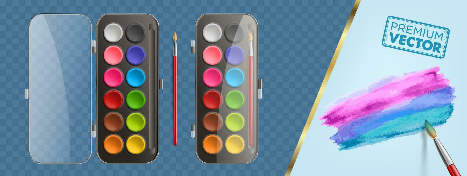 Top view of watercolor paints in box with paintbrush. Colorful watercolor palette. Artist palette with various color paints. Watercolor box. vector illustration
