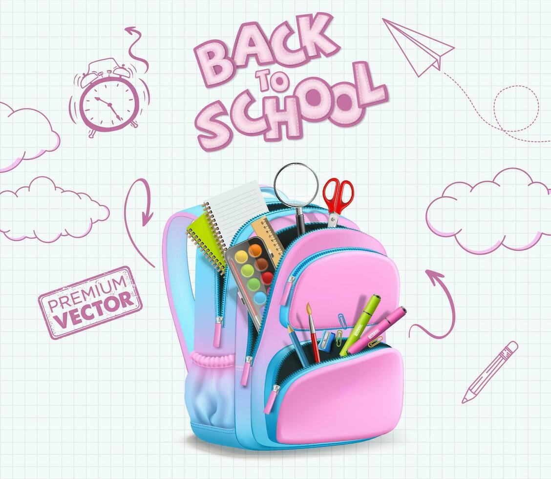 Welcome Back to School Backpack front back all angles Ruler Magnifier Orange Watercolor Pink Blue vector