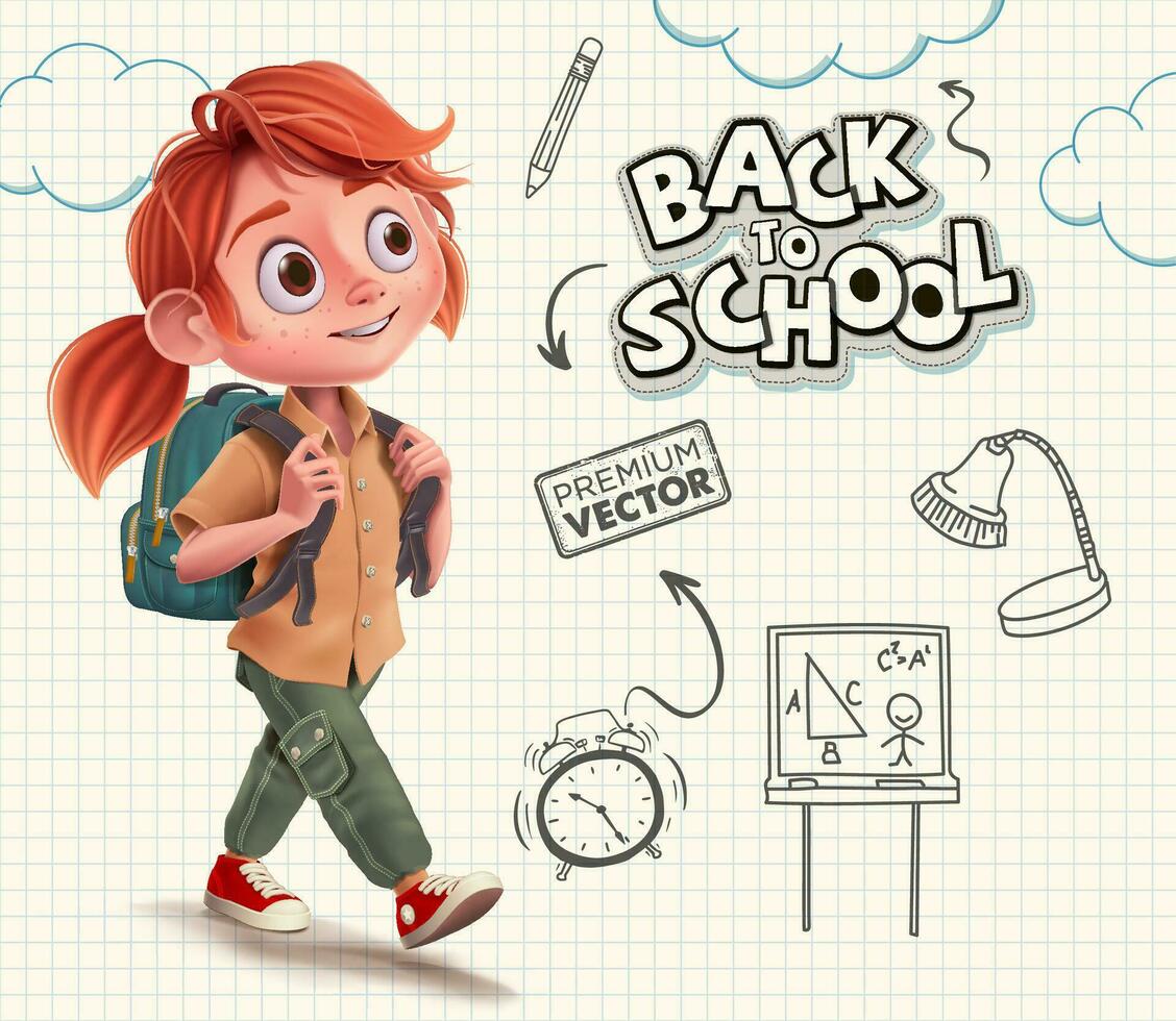 Bienvenido espalda a colegio niños yendo, contento Chica de escuela, mochila, caminar, alarma reloj, bosquejo, bolígrafo, alarma reloj, pizarra vector