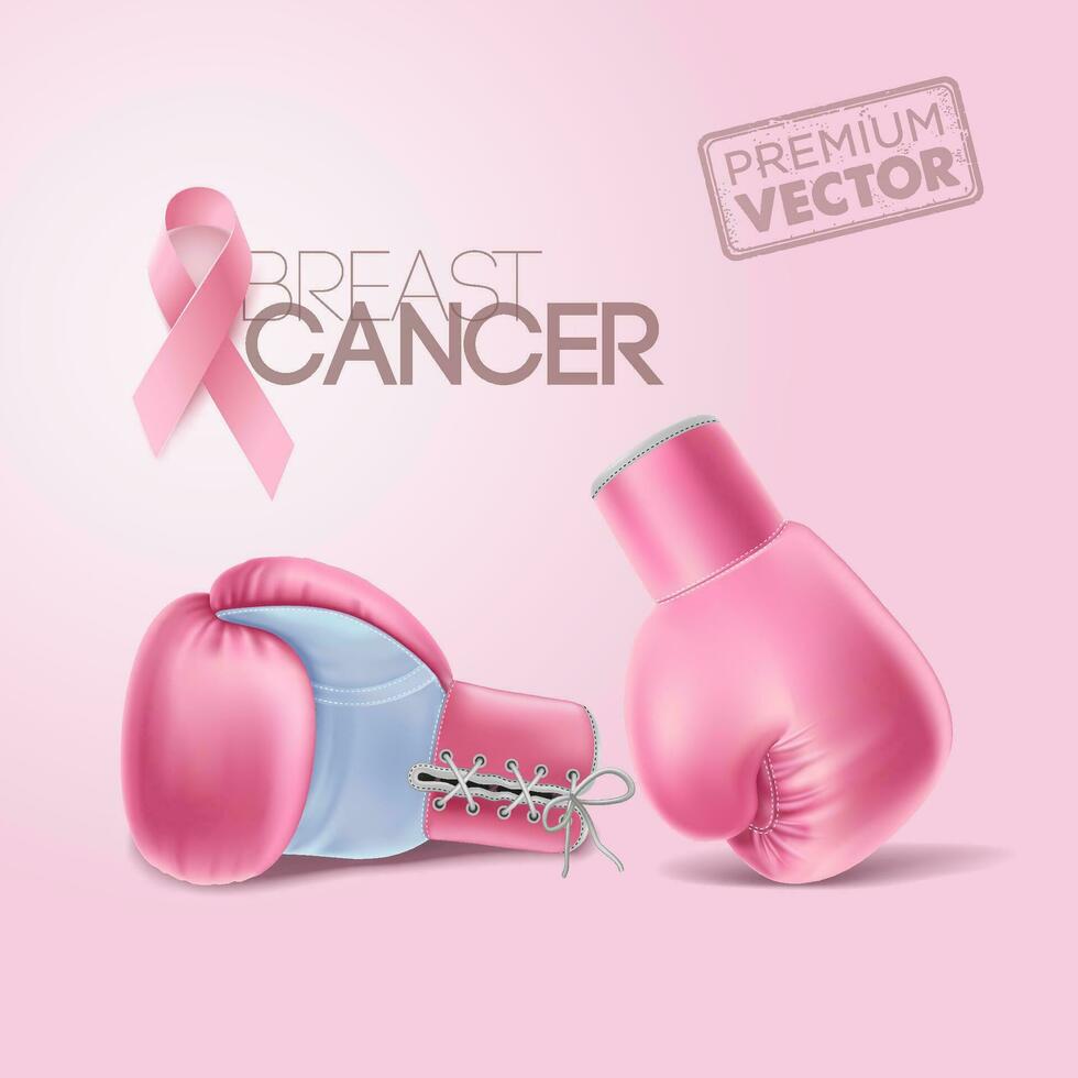 pecho cáncer cinta conciencia póster con rosado boxeo guantes. De las mujeres salud apoyo símbolo. mujer esperanza y dificil concepto. rosado vector ilustración