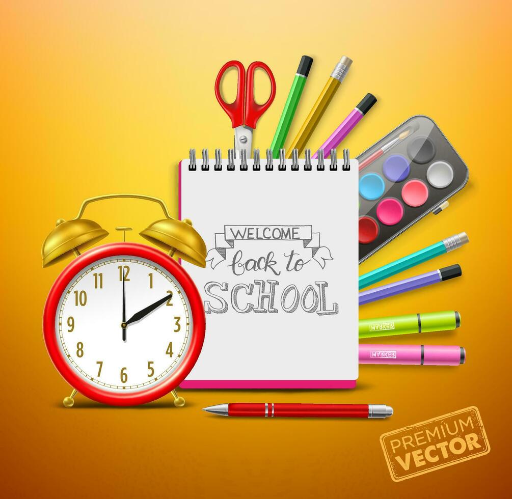 Back to school alarm clock, notepad, vector watercolor scissors pen highlighter
