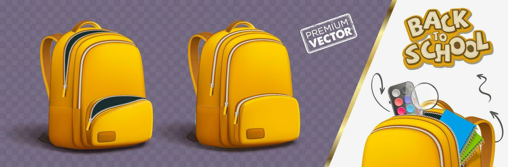 Bienvenido espalda a colegio mochila frente espalda todas anglos regla lupa naranja acuarela naranja vector