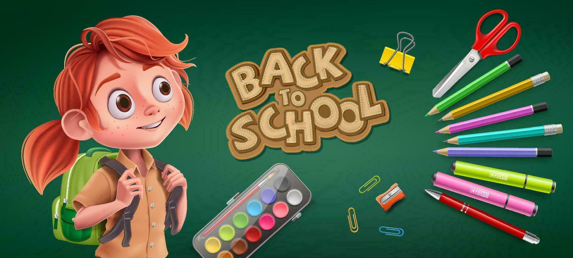 Welcome Back to School Kids schoolgirl with Backpack and Notepad, Pen, Colors, Ruler, Scissors, Magnifier, Eraser, Paper Clip, Pencil Sharpener, Watercolor, Brush Supplies Vector