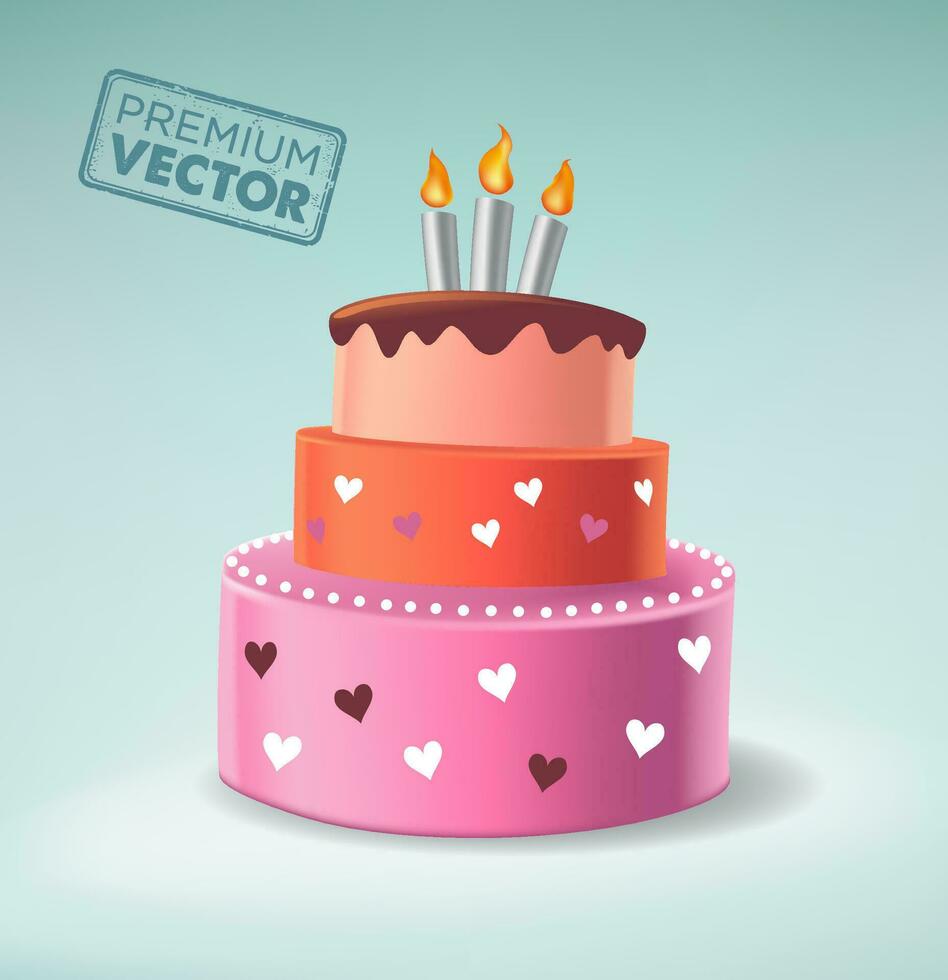 fun birthday cake with three candles, three-tier cake, fruity heart vector