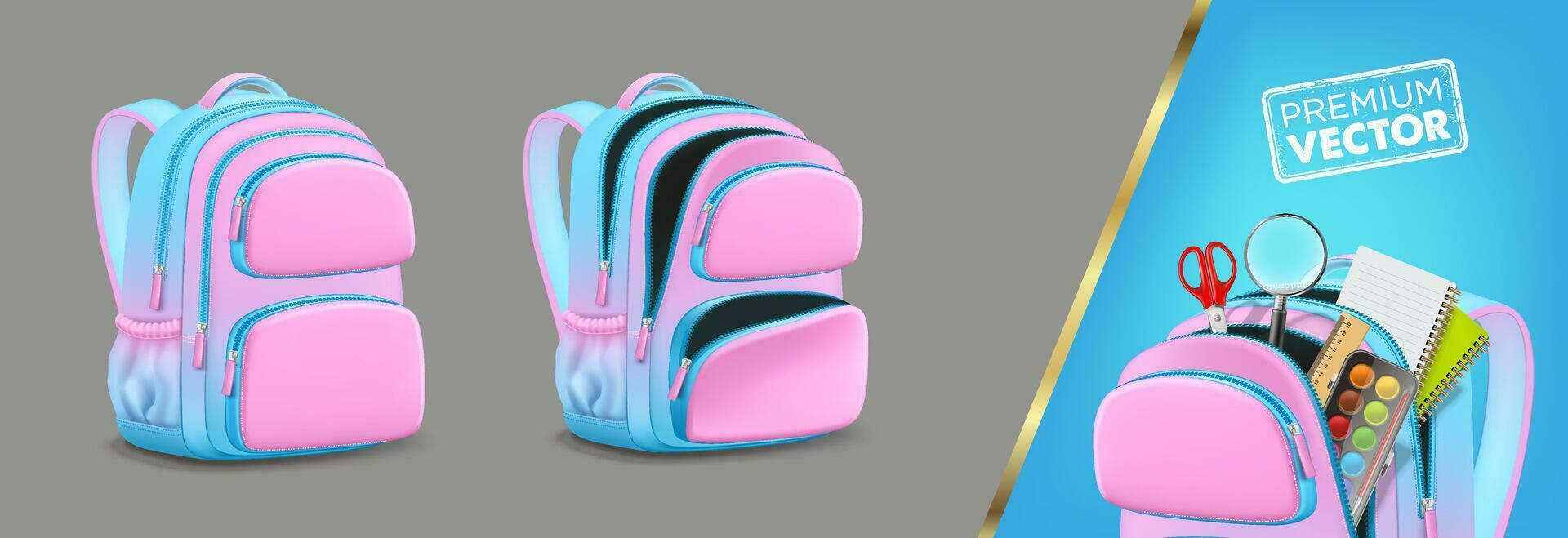 Welcome Back to School Backpack front back all angles Ruler Magnifier Orange Watercolor Pink Blue vector