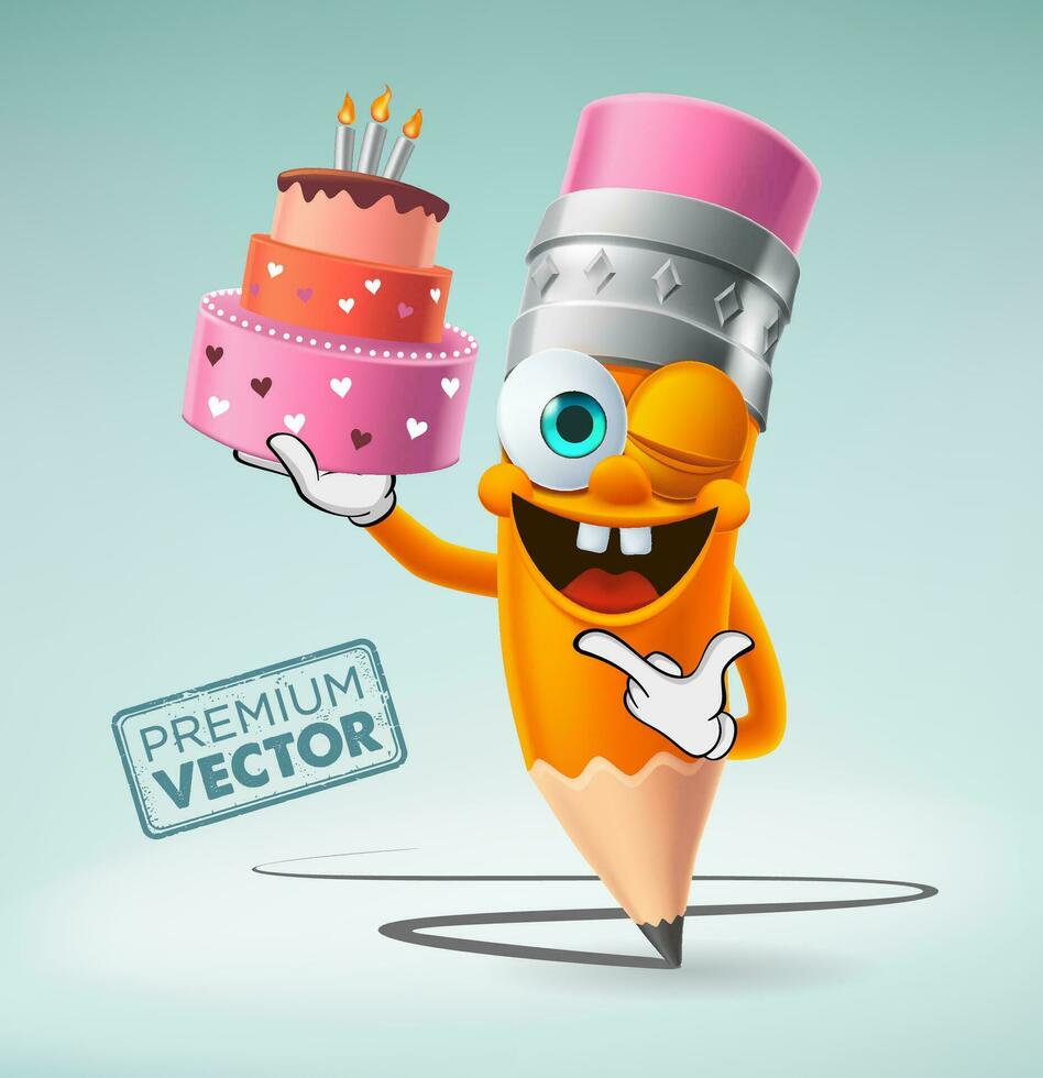 Cute Pencil character cartoon vector with three candles holding a tri-layer cake, back to school