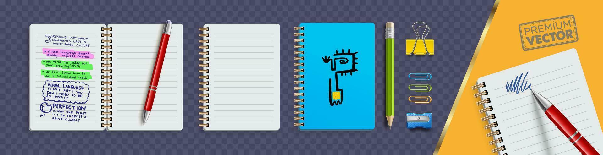 Notebook open closed cover pages ballpoint pen pencil sharpener paper clip Metal paper clip vector illustration