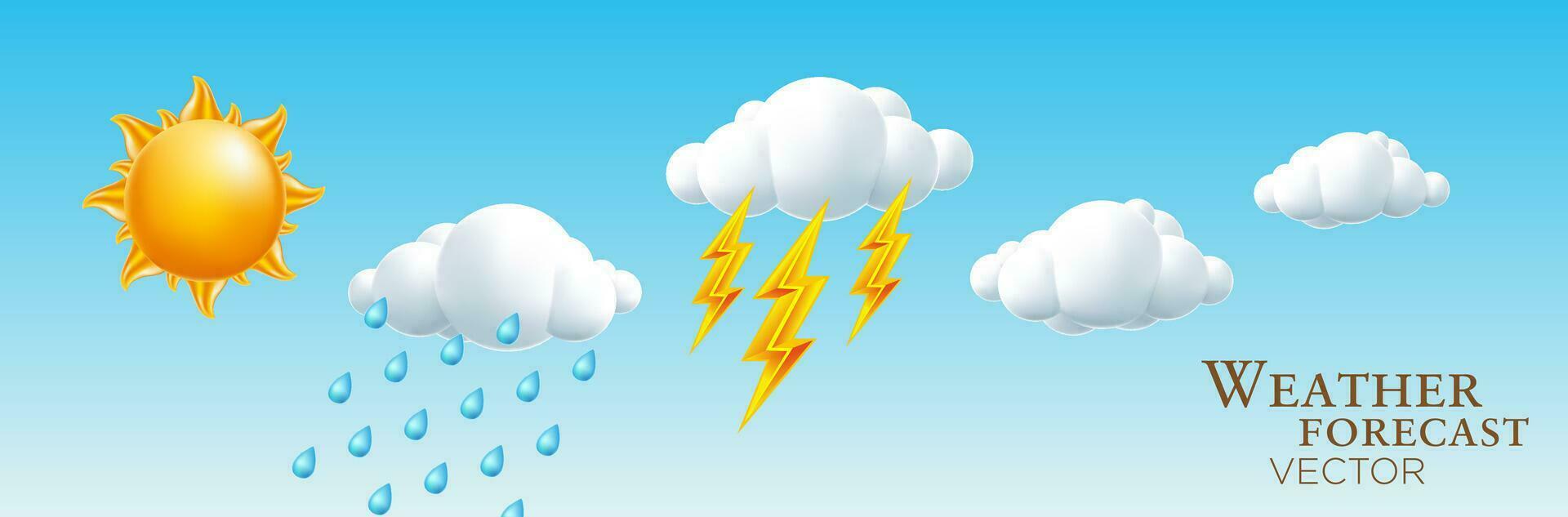 Weather, sun, cloud, lightning, rain cartoon vector