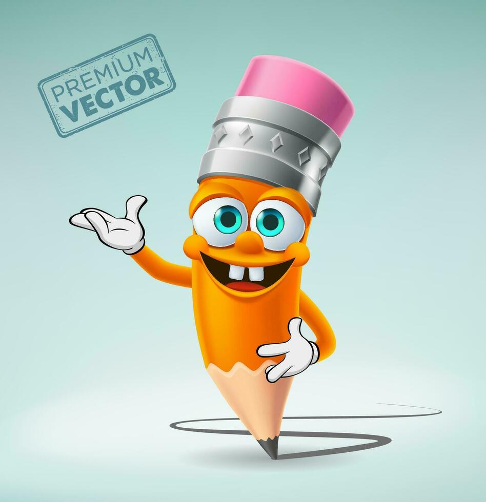 Cute Pencil character cartoon vector raising one hand, one hand on waist, back to school