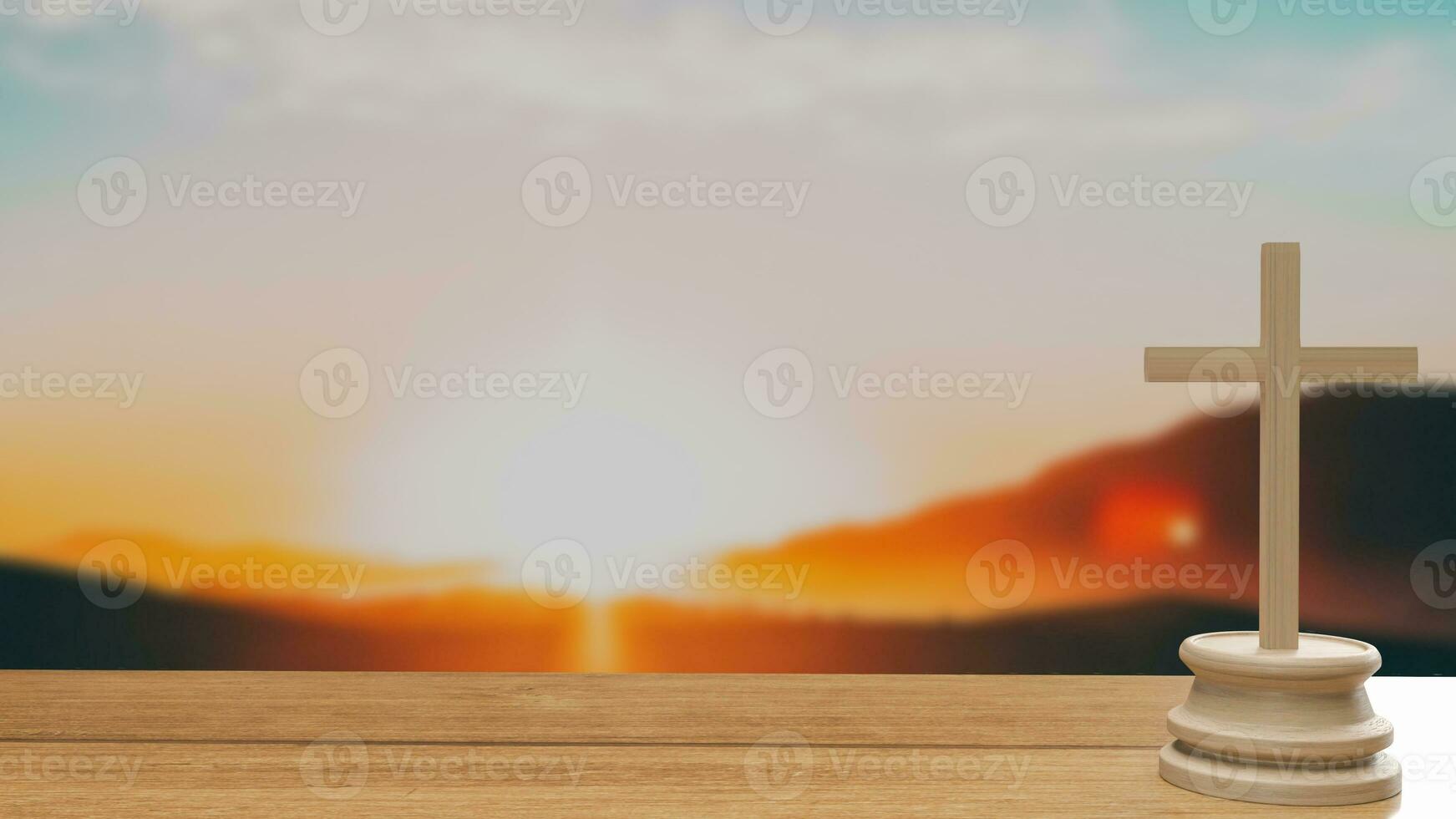 The cross on wood table for religion concept 3d rendering photo