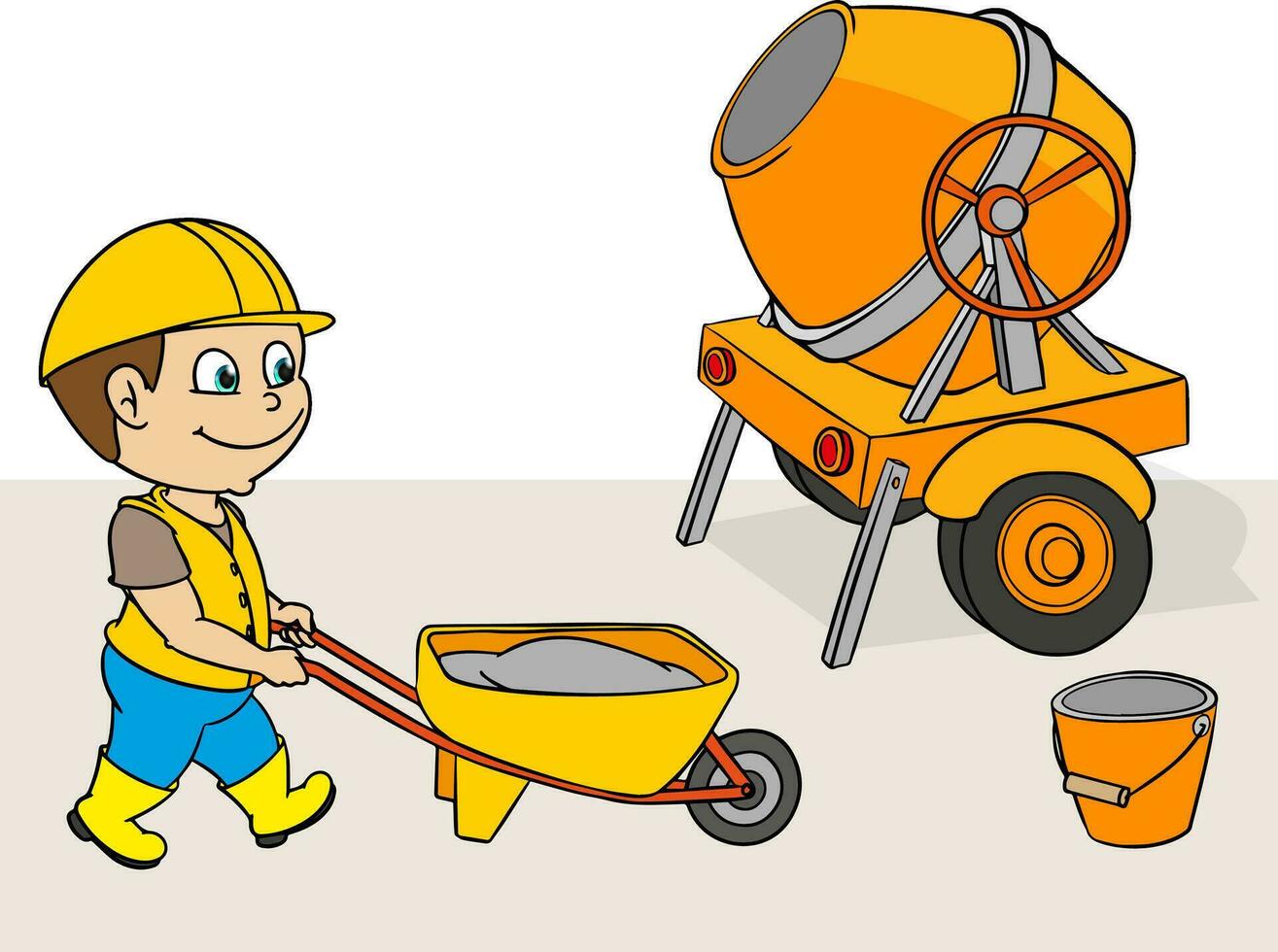 boy construction worker architect project mortar machine wheelbarrow cartoon story vector set