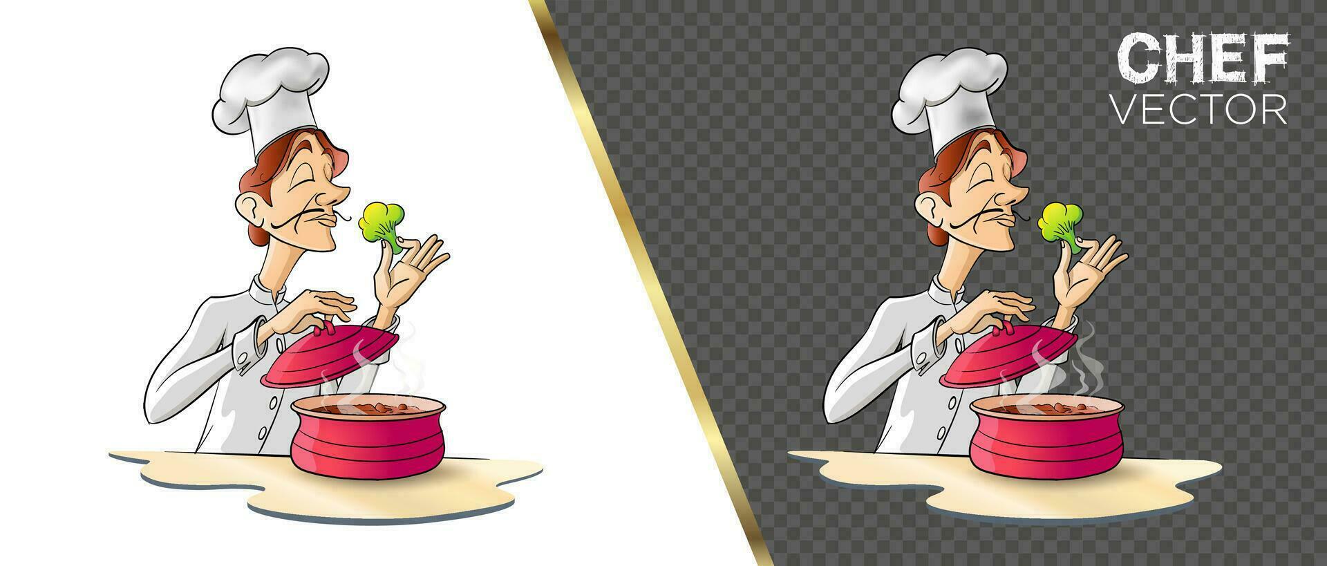 Cooking chef smelling broccoli delicious wonderful pot smell cartoon vector