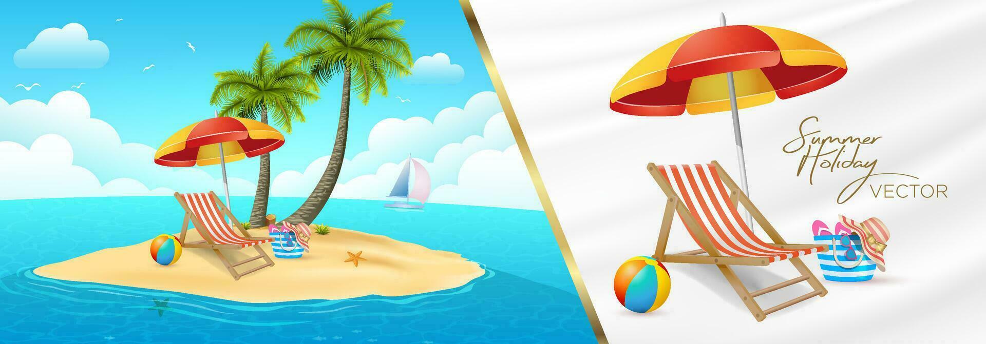summer vacation tourism theme palm sun lounger beach ball bag hat glasses slippers umbrella background seascape sky clouds illustrator vector