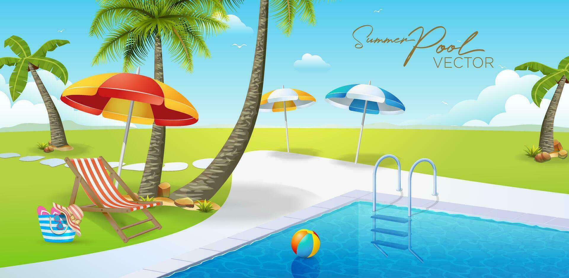 summer vacation pool grass pool ladder tourism theme palm sun lounger beach ball bag hat glasses slippers umbrella sky clouds illustrator vector