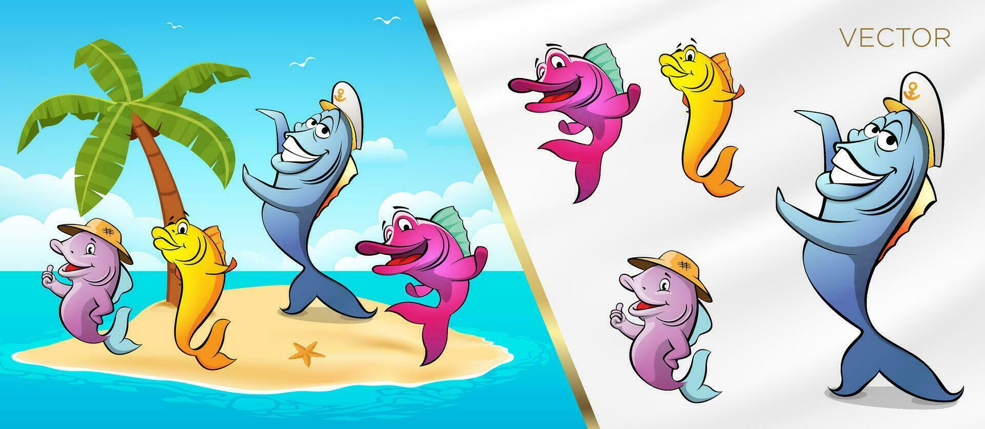 divertido pescado personaje palma mar playa mascota dibujos animados vector