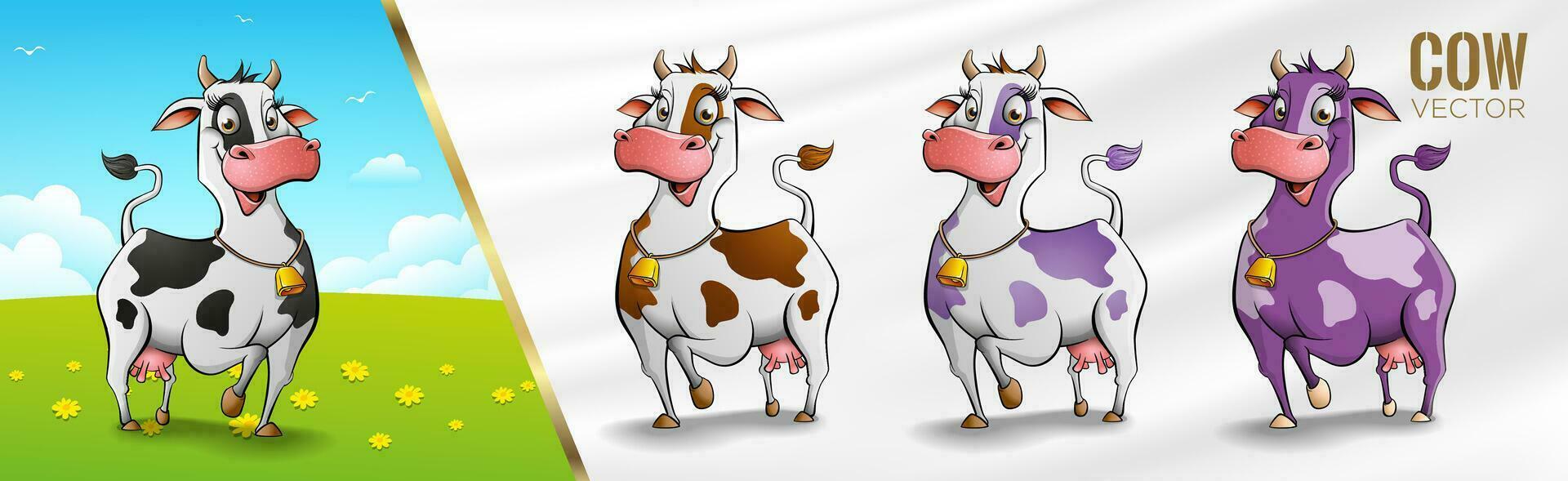 cute fun milking cow cartoon black color white purple yellow milk grass flower cloud cartoon vector