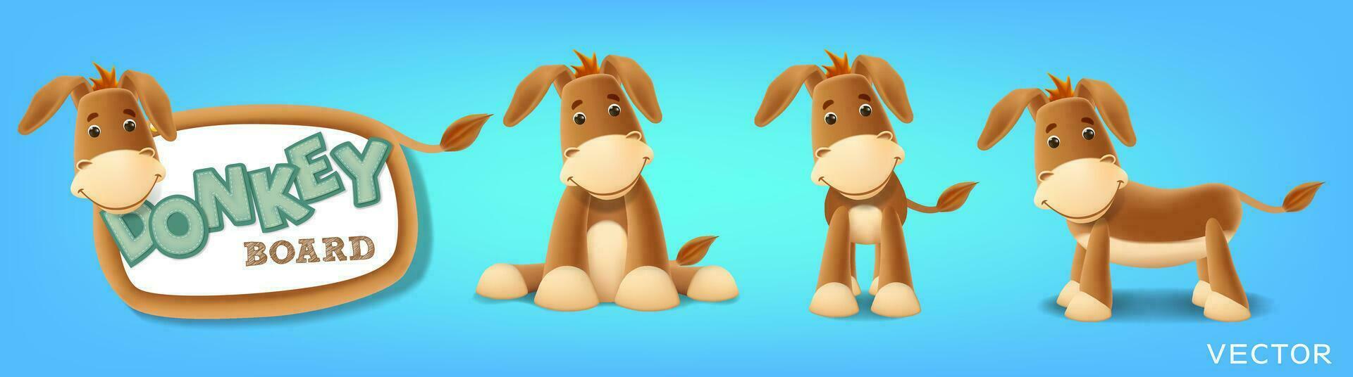 Donkey board set, Donkey blackboard, standing, sitting and different poses vector illustration
