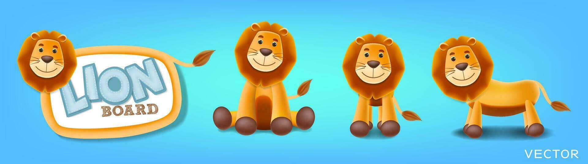 Set of lion board, lion blackboard, standing, sitting and jungle cat animal in different poses. vector illustration