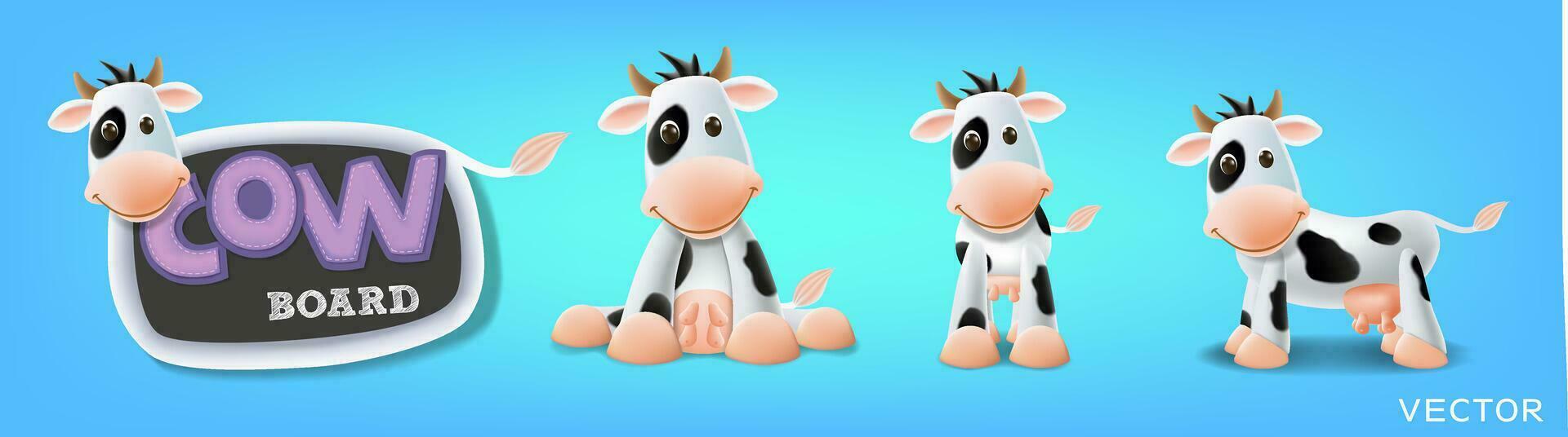 Leche vaca tablero colocar, vaca pizarra, de pie, sentado y diferente poses vector ilustración
