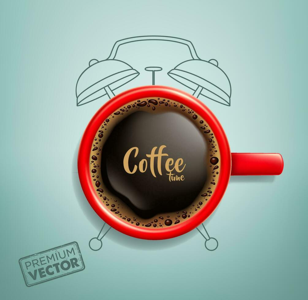 Vector drawing of foamy coffee, red alarm clock, coffee time