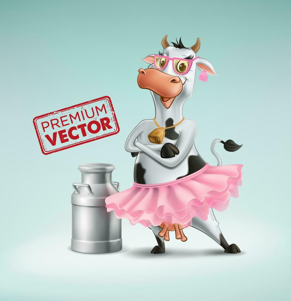 vaca prima dibujo y pendientes Leche lata envase aislado dibujos animados 3d ilustración realista vector