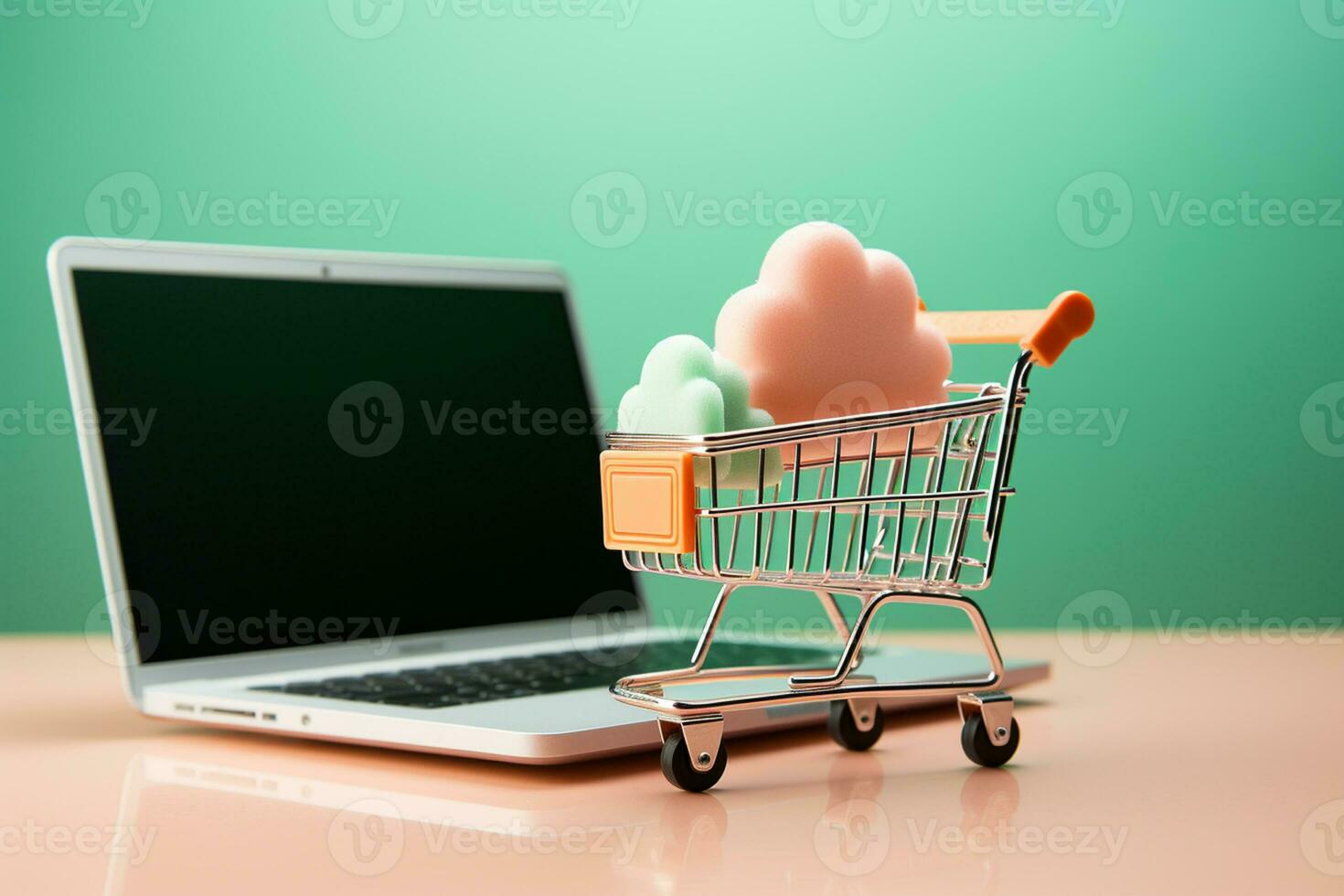 Shopping cart with cloud and laptop on table. 3D rendering. Ai generative photo