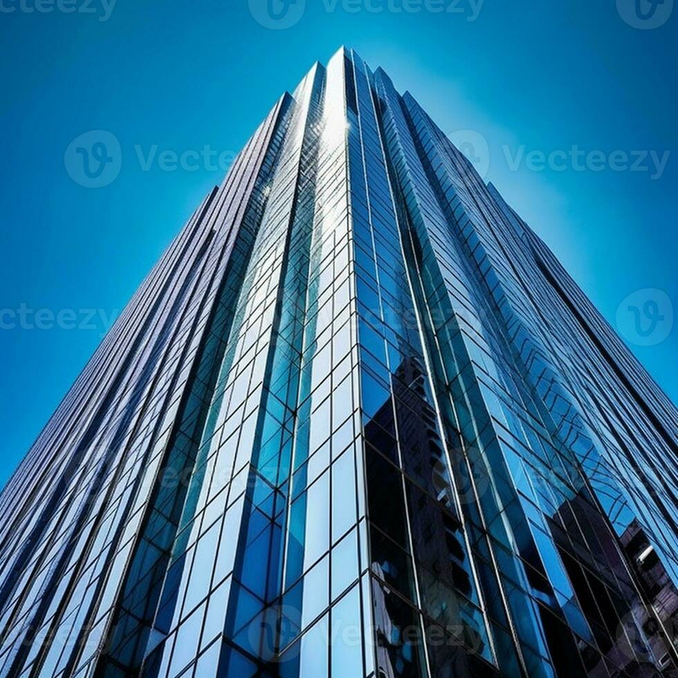 Bottom view of modern skyscrapers in business district against blue sky Ai generative photo