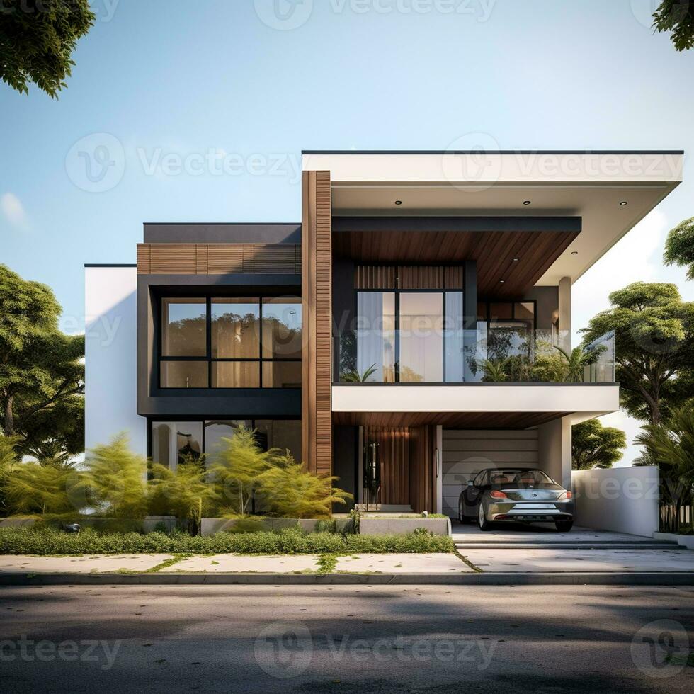 3d rendering of modern cozy house with garage and pool for sale or rent real estate concept Ai generative photo