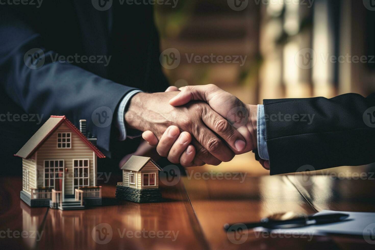 Real estate agent and customer shaking hands to sign a contract to buy a house. Ai generative photo