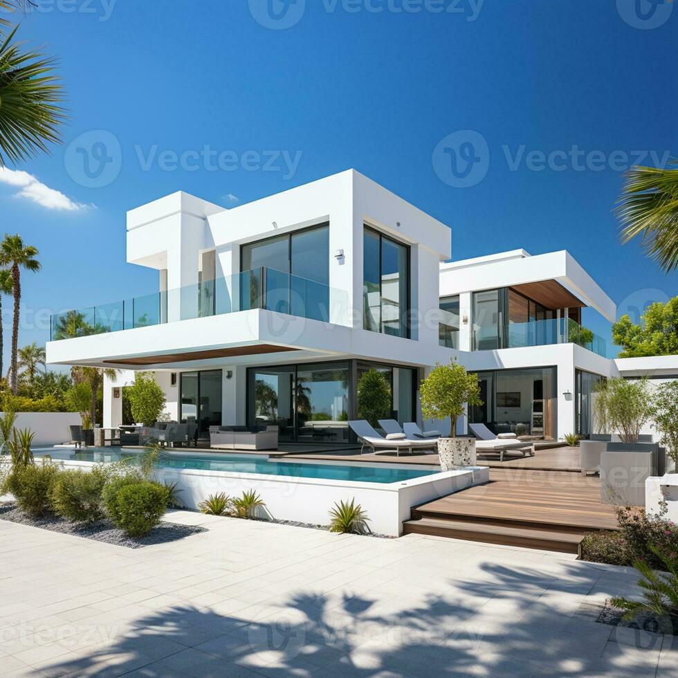 Luxury house with swimming pool and blue sky real estate concept Ai generative photo