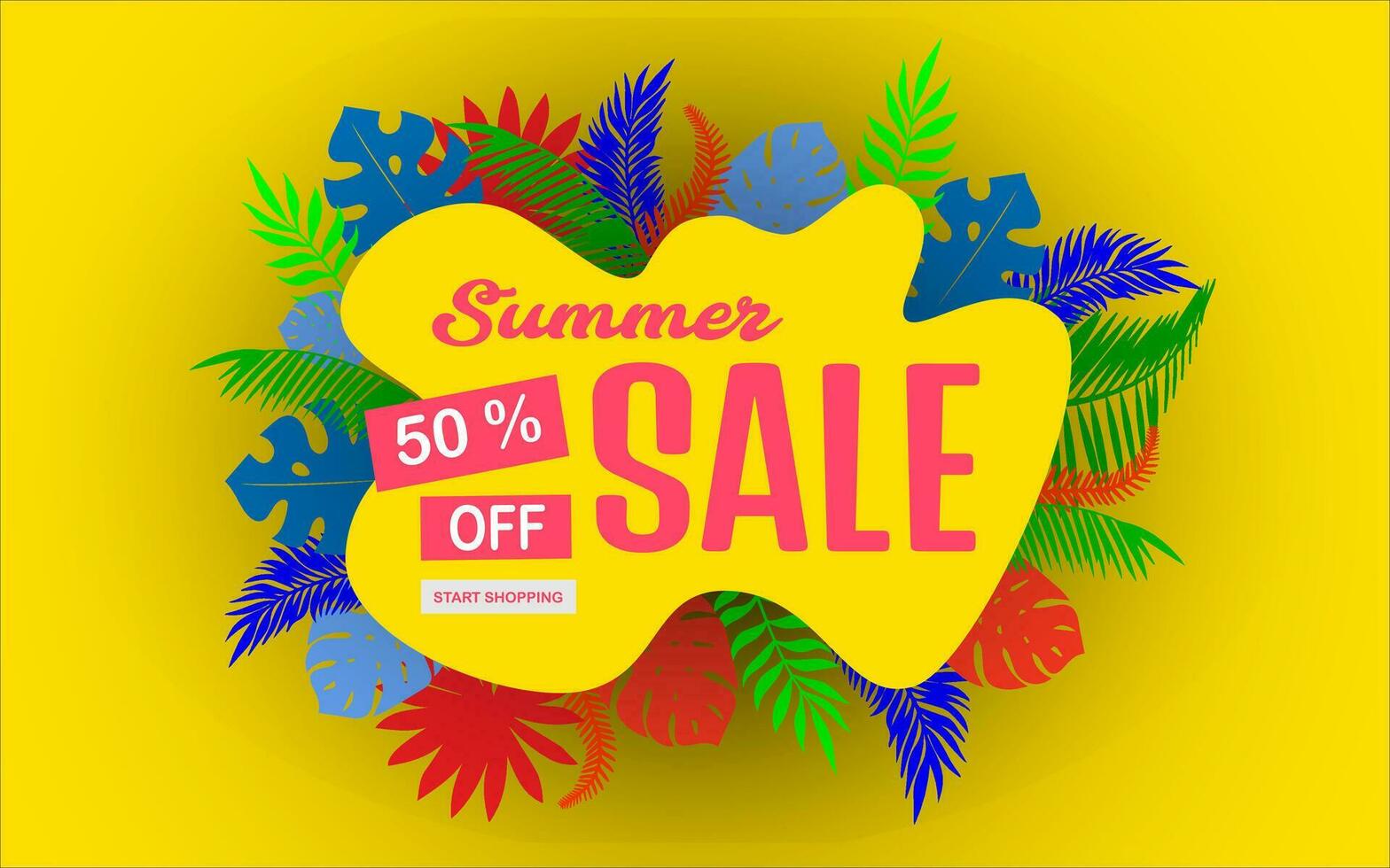 Creative summer sale banner with tropical leaves and discount text. Season promotion illustration. vector