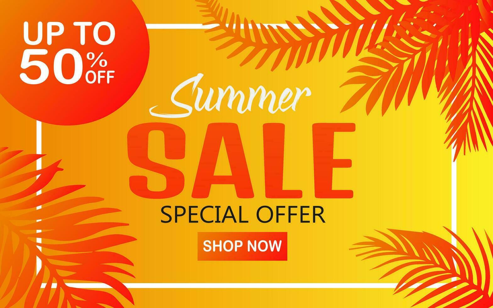Creative summer sale banner with tropical leaves and discount text. Season promotion illustration. vector