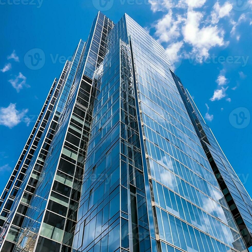Bottom view of modern skyscrapers in business district against blue sky Ai generative photo