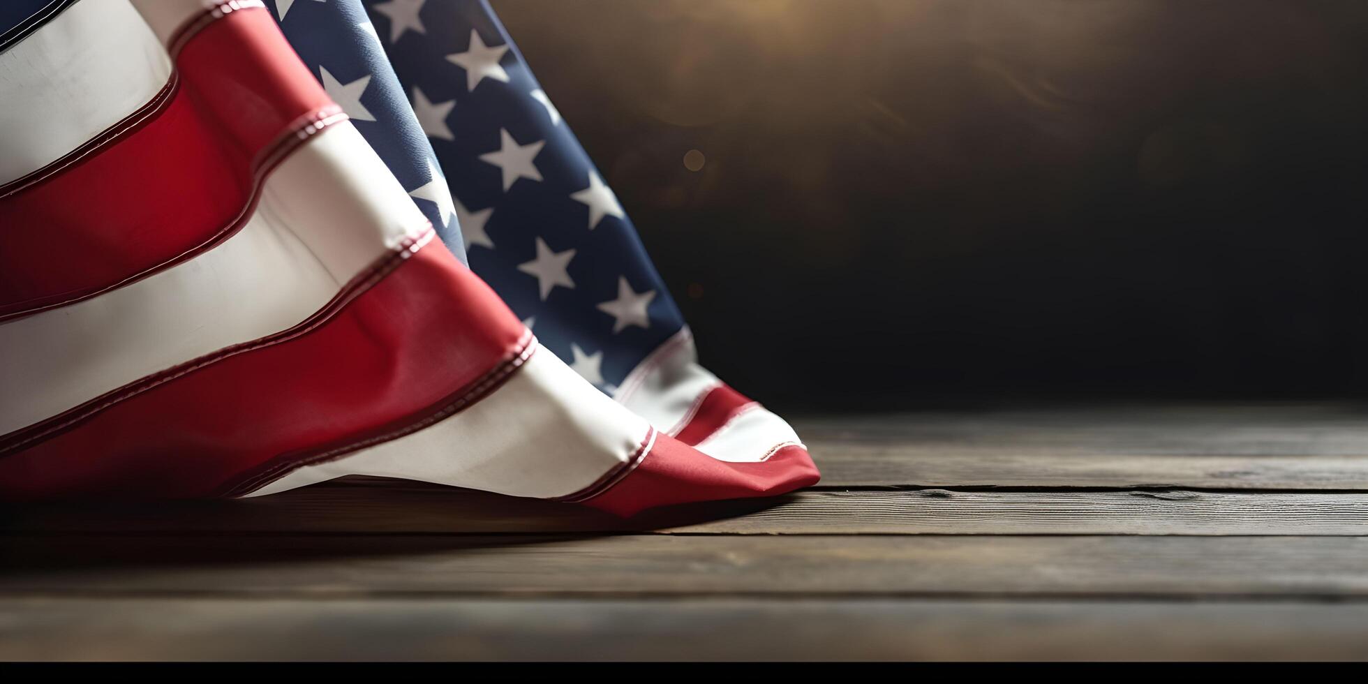 American flag on wood table with dark black background. Labor day banner. Generative AI photo