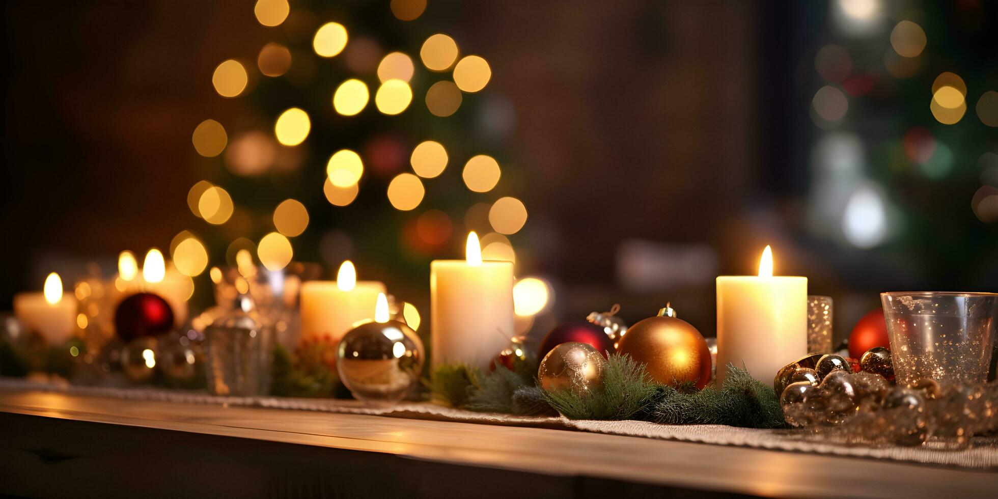 Christmas decorations on table with candles and christmas lights. photo