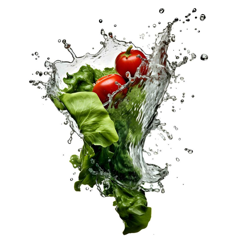 Water splash and vegetable. Fresh pepper, cucumber and radish. AI generetive photo