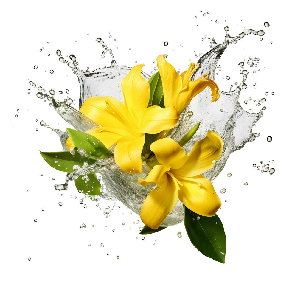 Yellow flower in water splash isolated on white background. AI generetive photo